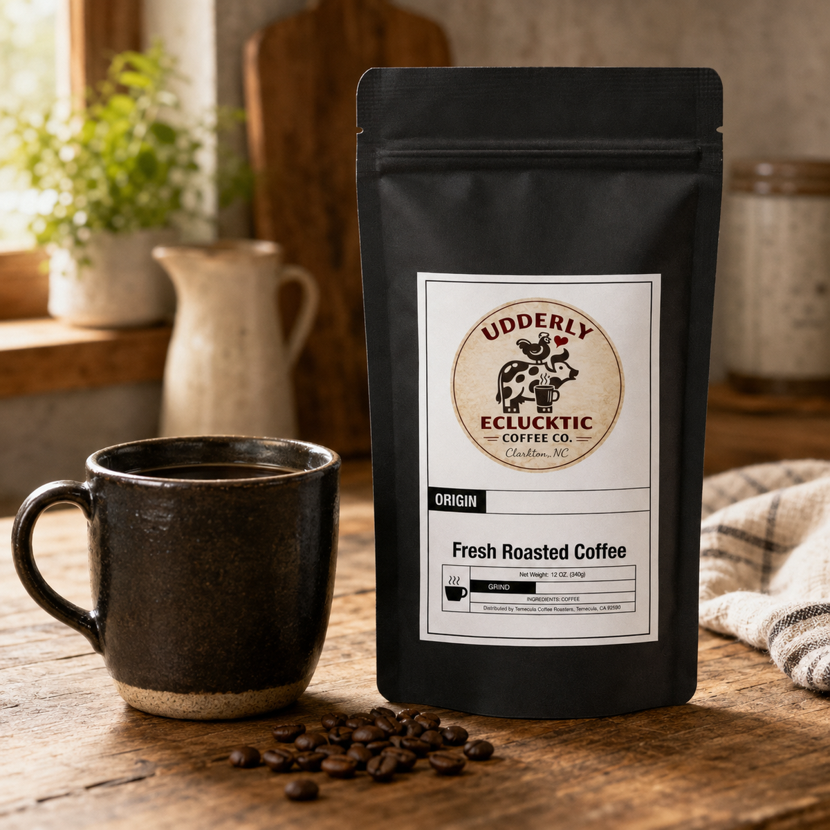 French Roast African Blend coffee bag with a mug of dark roast coffee in a warm farmhouse kitchen