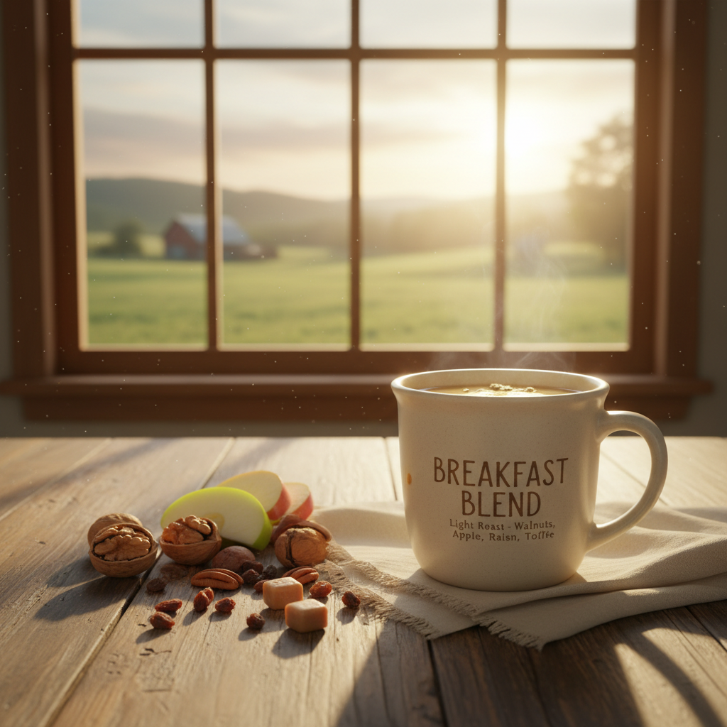 Breakfast Blend light morning scene with walnuts apple slices and soft sunrise light