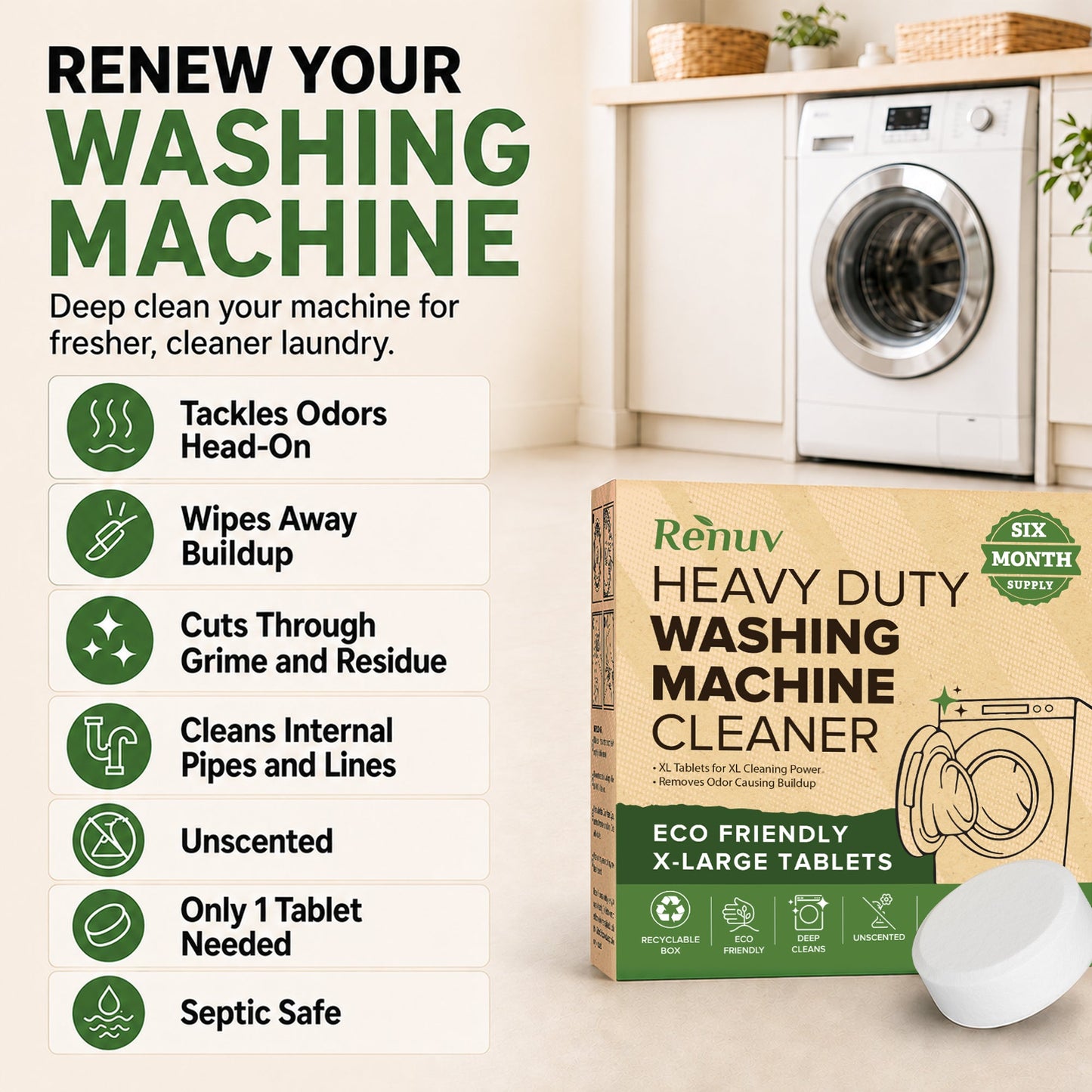 Washing Machine Cleaner Descaler Tablets - Heavy Duty Deep Cleaning for Front Load or Top Load Washer, 6 Pack