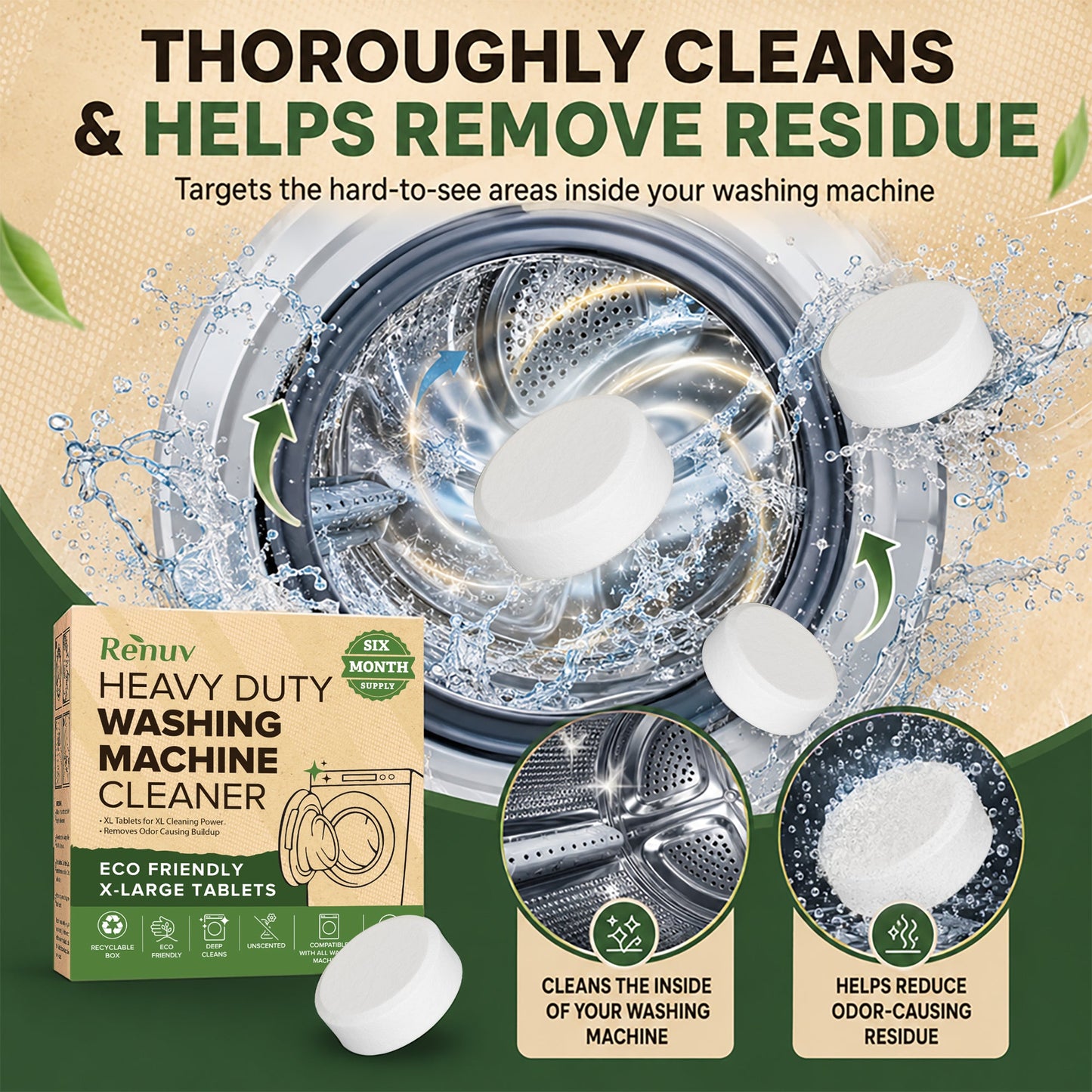 Washing Machine Cleaner Descaler Tablets - Heavy Duty Deep Cleaning for Front Load or Top Load Washer, 6 Pack
