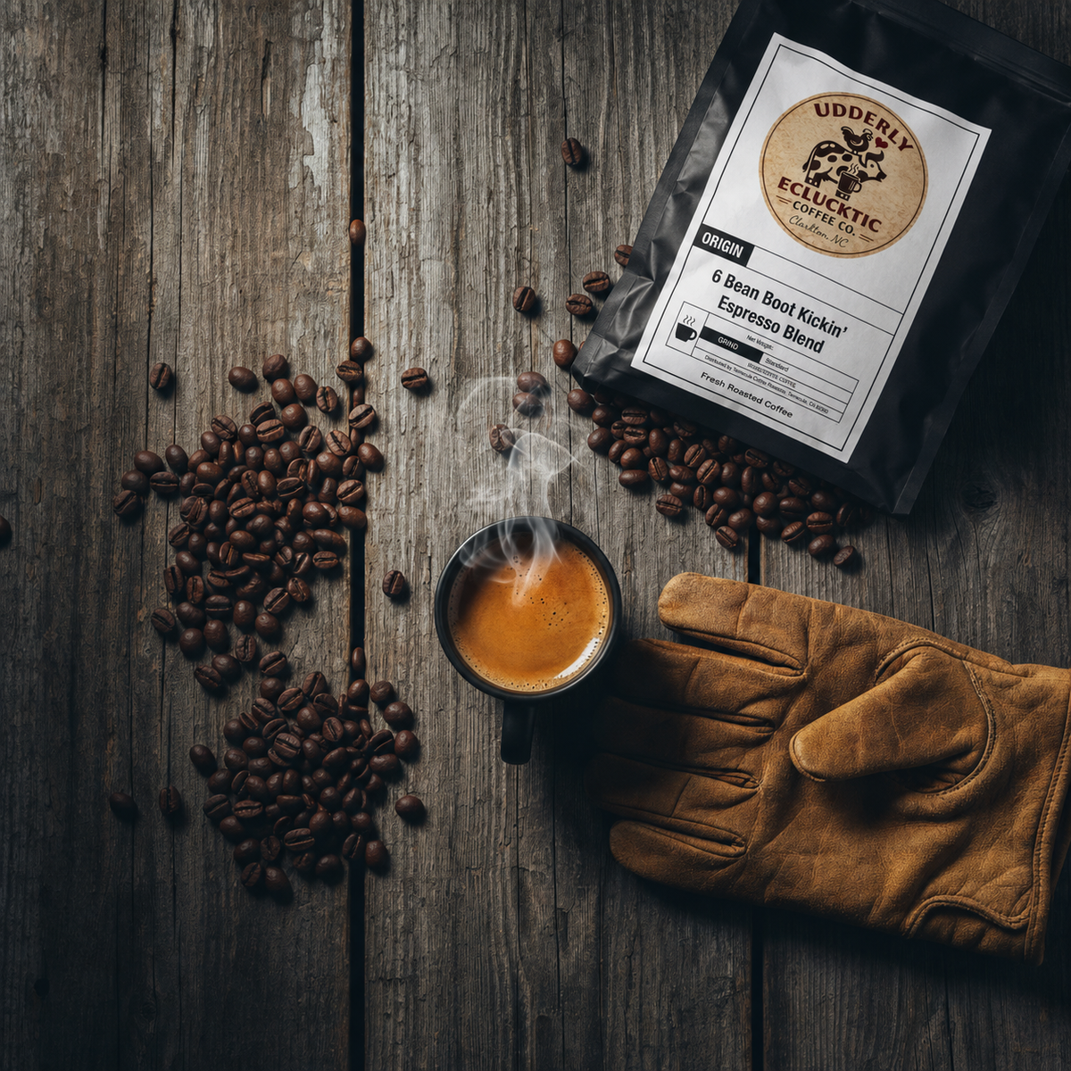 6 Bean Boot Kickin' Espresso Blend black bag with Udderly Eclucktic logo and white roaster label