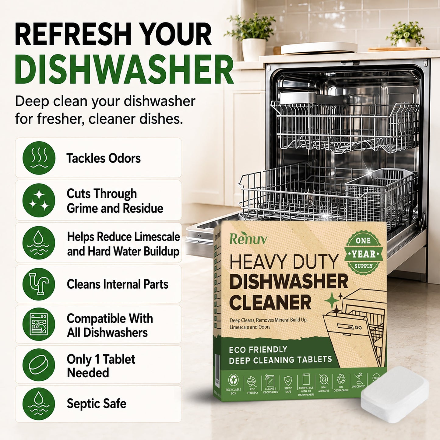Dishwasher Cleaner and Deodorizer Tablets, Heavy Duty Deep Cleaning Descaler Removes Odor, Calcium, Limescale, Hard Water Marks - 1 Year Supply