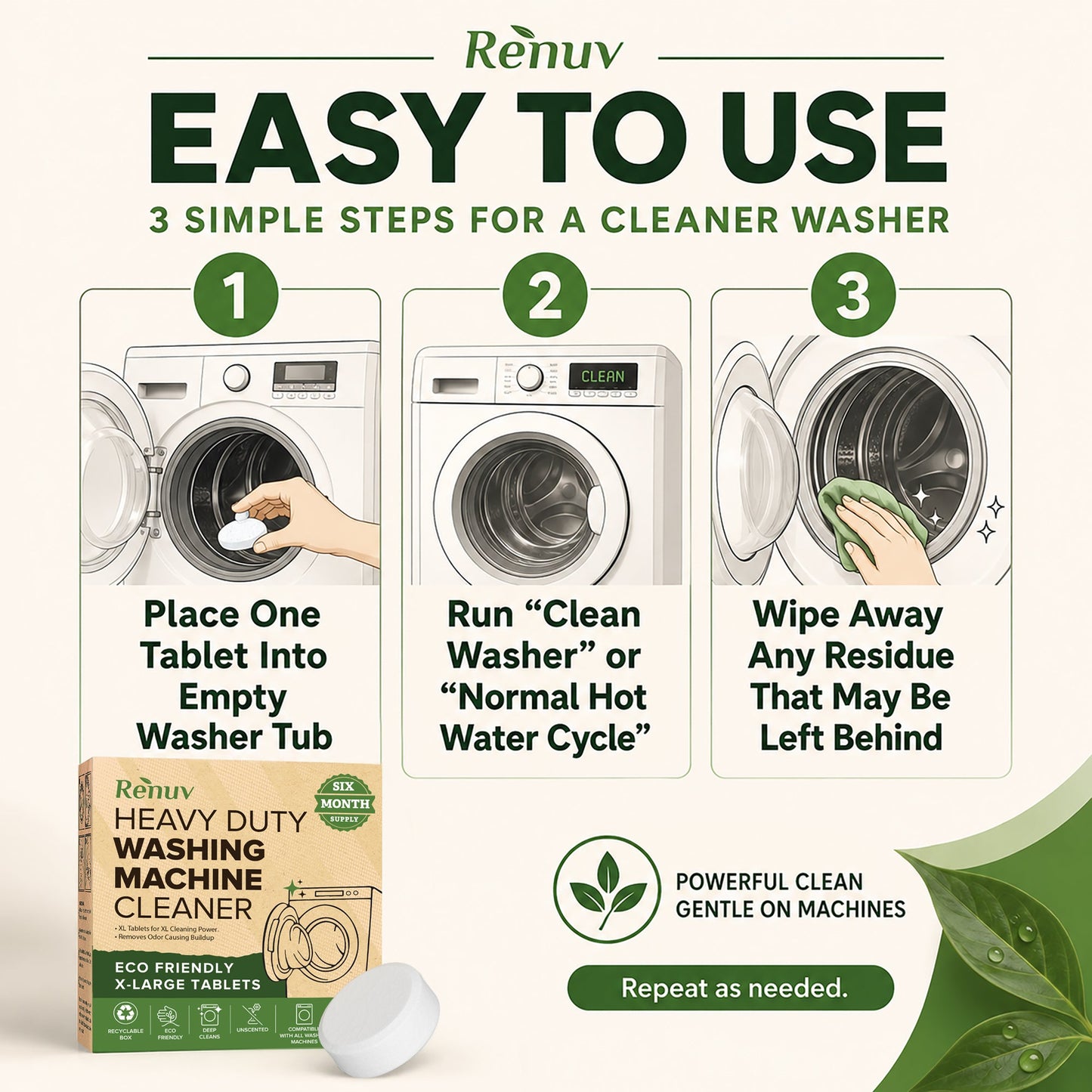 Washing Machine Cleaner Descaler Tablets - Heavy Duty Deep Cleaning for Front Load or Top Load Washer, 6 Pack