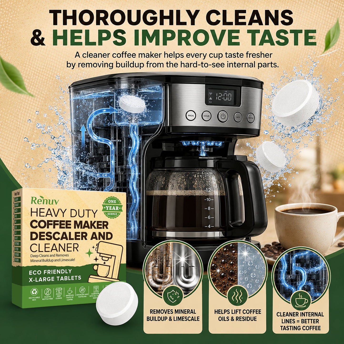 Coffee Maker Cleaner and Descaler Tablets, 12 Uses for Single Cup, Multi Cup, Coffee Pot Maker & Espresso Machines