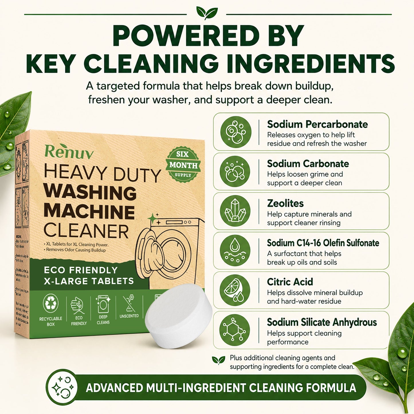 Washing Machine Cleaner Descaler Tablets - Heavy Duty Deep Cleaning for Front Load or Top Load Washer, 6 Pack