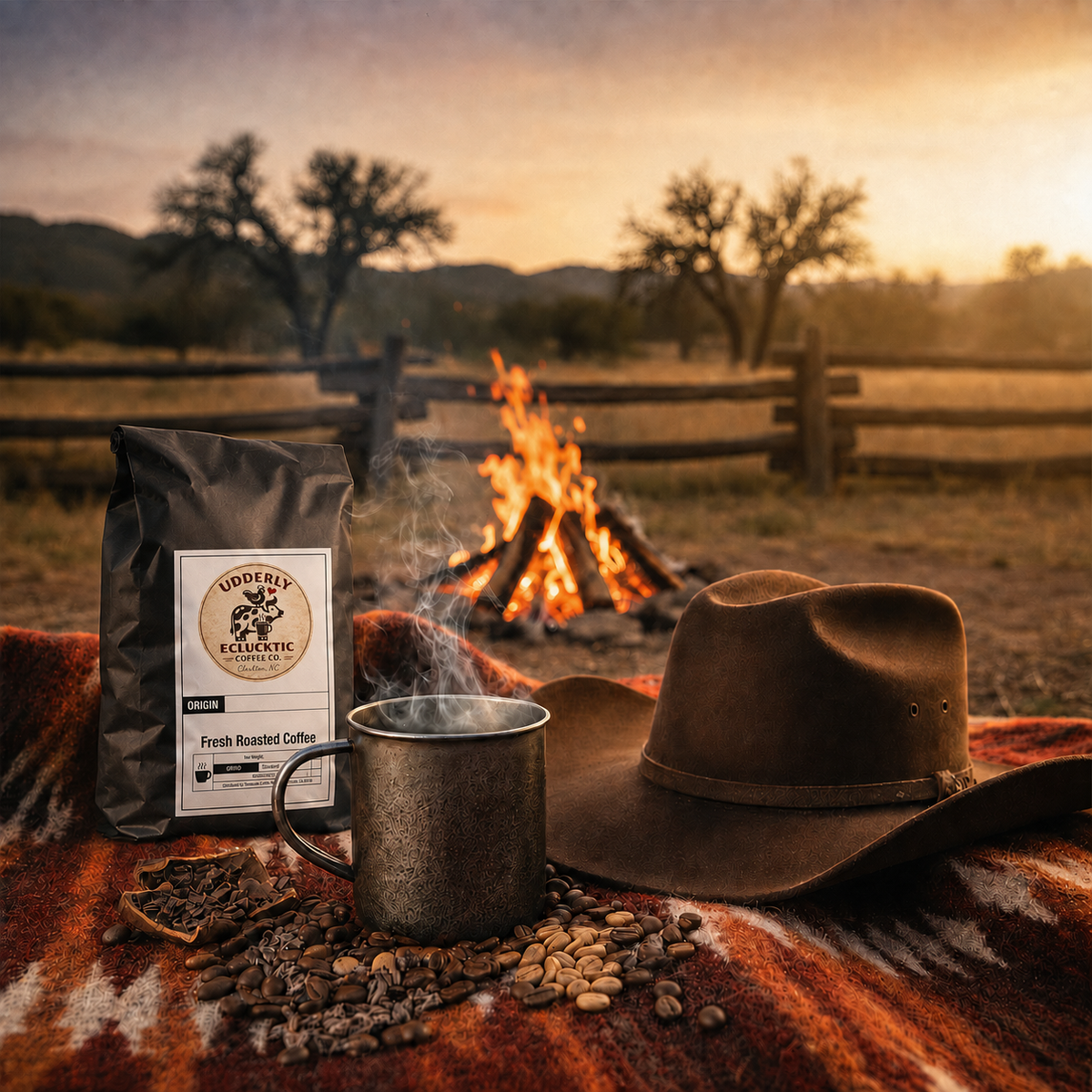 Cowboy Blend black coffee bag with white roaster label beside a campfire