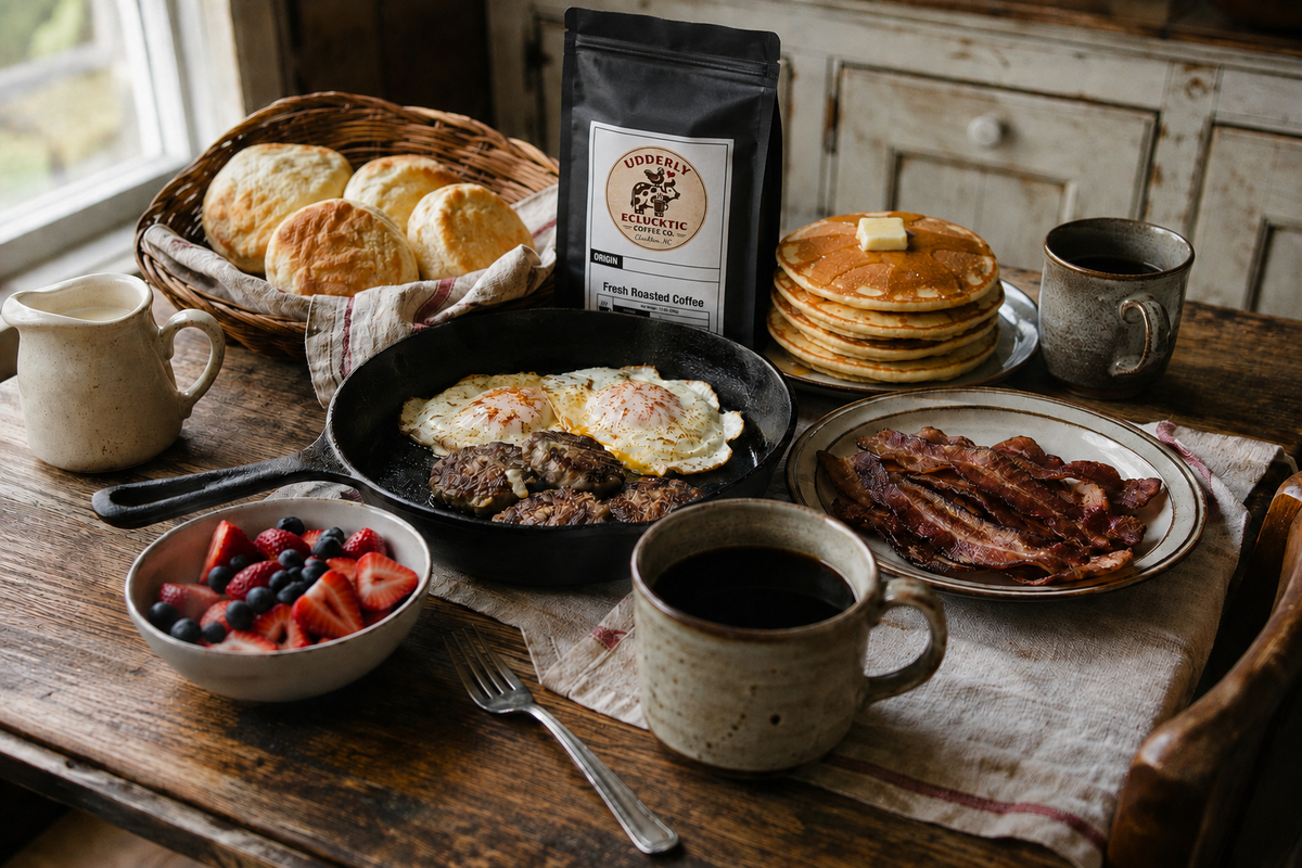 Big Country Breakfast Blend black coffee bag with a generous farmhouse breakfast and a basket of biscuits