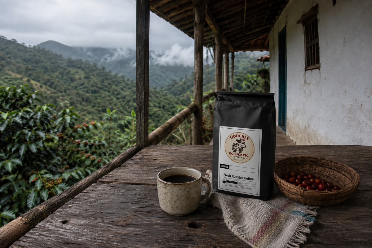 Colombia coffee in its black Udderly Eclucktic bag at a rustic Andean coffee farm
