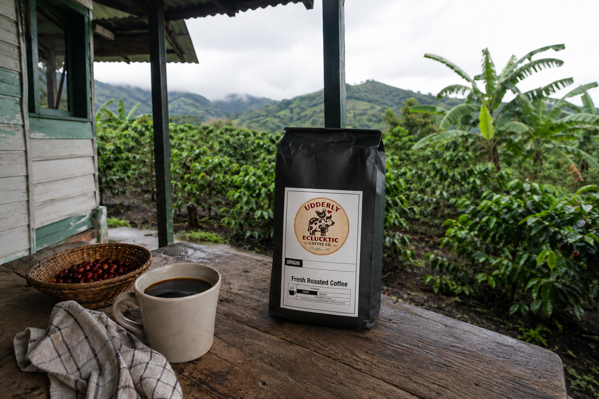 Costa Rica coffee in its black Udderly Eclucktic bag at a rustic mountain coffee farm