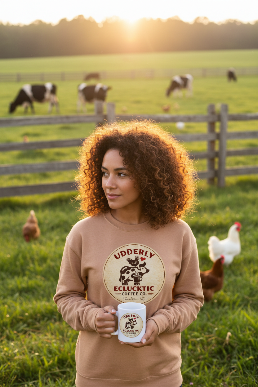 Desert Dust Organic Sweatshirt - Holding branded mug