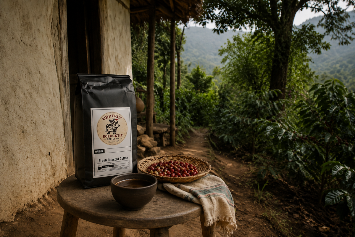Ethiopia Natural coffee in its black Udderly Eclucktic bag at a rustic coffee farm