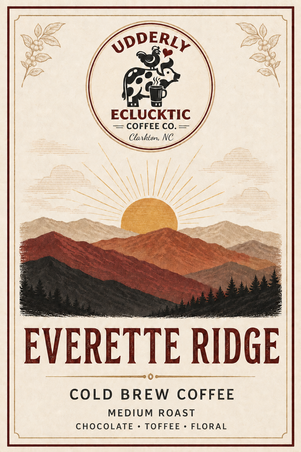 Everette Ridge Cold Brew vintage mountain sunrise artwork