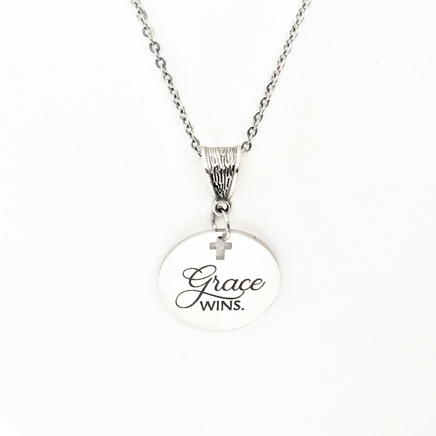 Grace Wins Stainless Steel Engraved Pendant Necklace With Cross Cutout By JKCE Designs