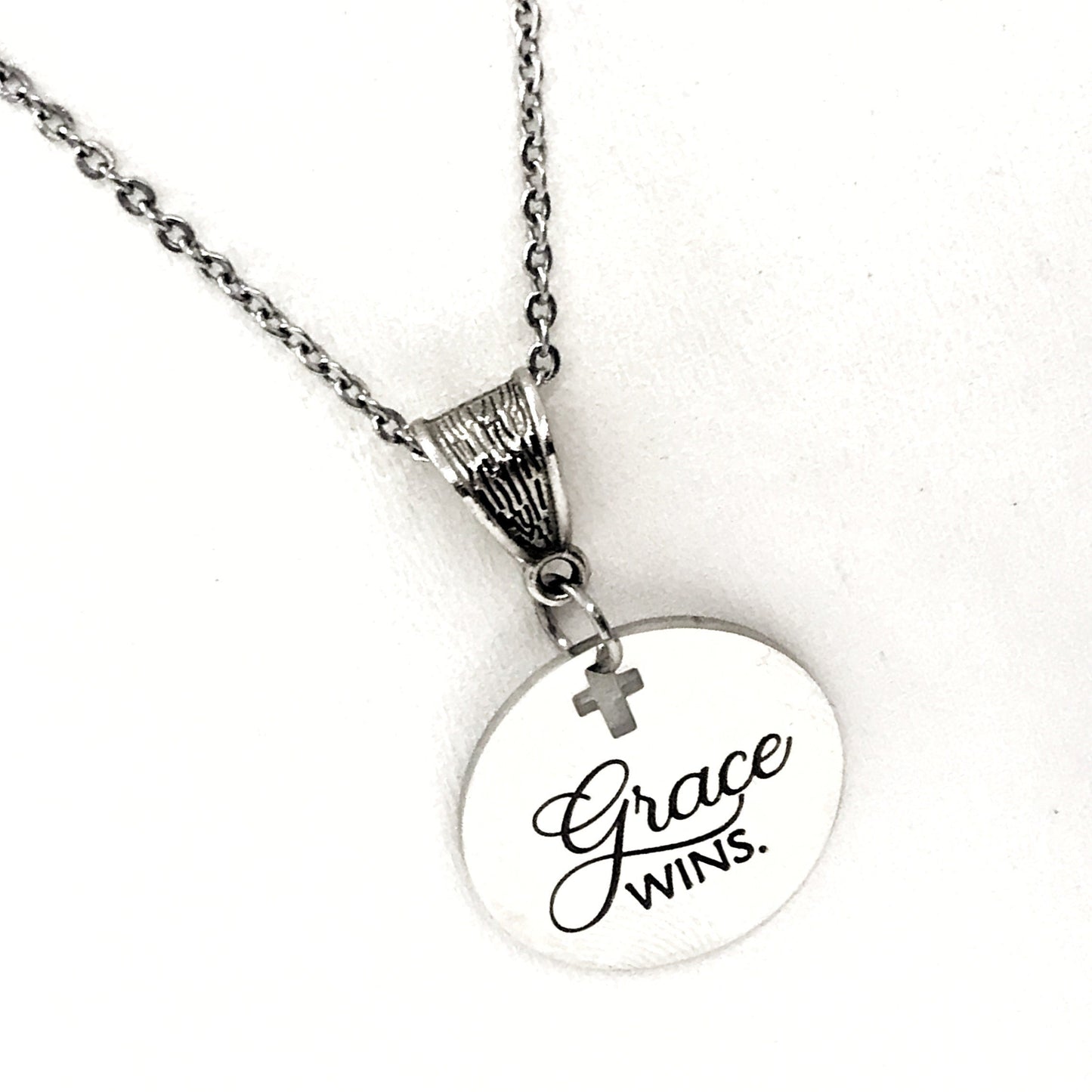 Grace Wins Stainless Steel Engraved Pendant Necklace With Cross Cutout By JKCE Designs