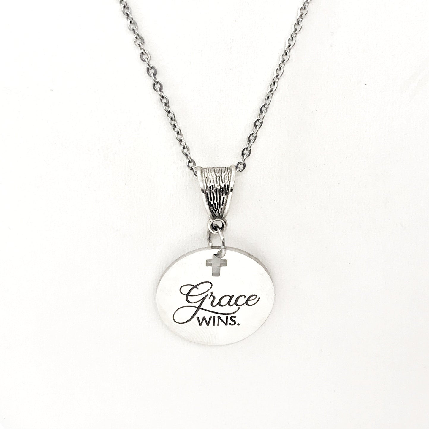 Grace Wins Stainless Steel Engraved Pendant Necklace With Cross Cutout By JKCE Designs