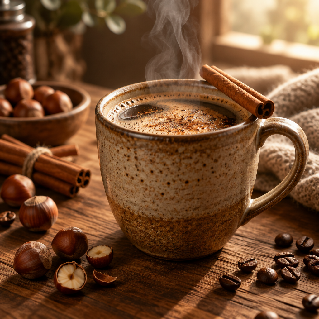 Coffee beans, cinnamon sticks and hazelnuts illustrating Cinnamon Hazelnut flavor
