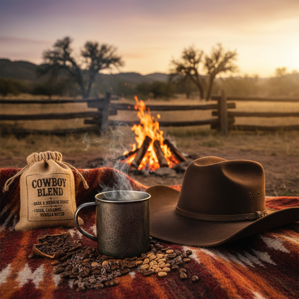 Cowboy Blend tin camp cup by campfire with saddle blanket and cowboy hat