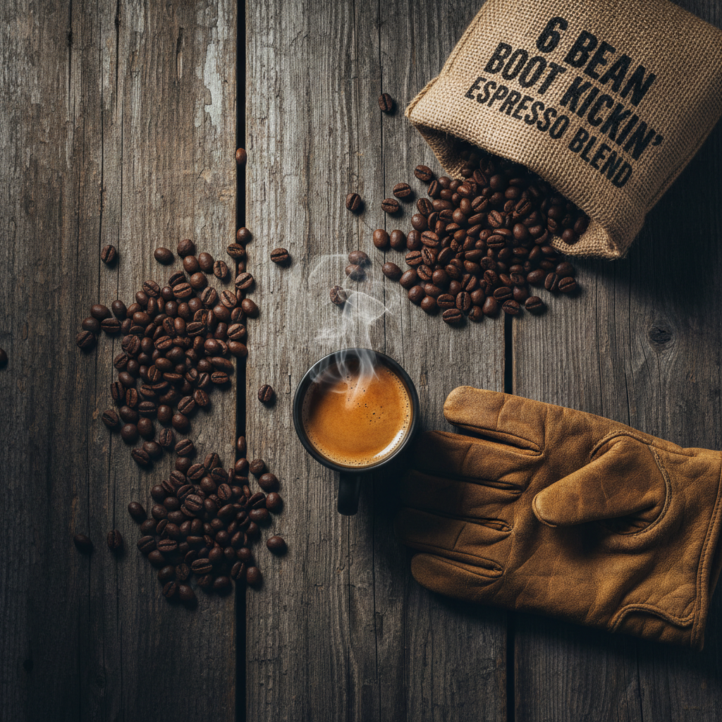 6 Bean Boot Kickin' Espresso Blend rustic flat lay on barn wood