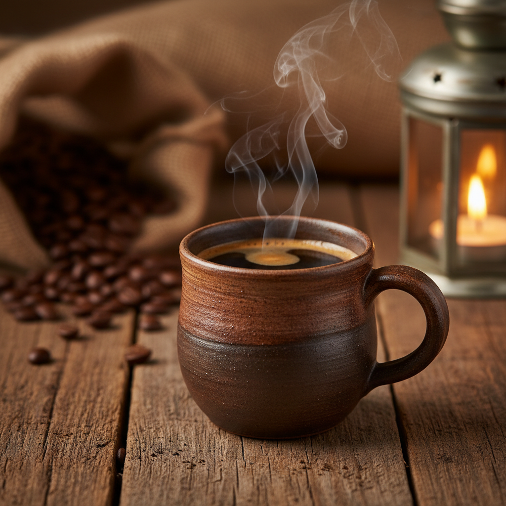 6 Bean Boot Kickin' Espresso Blend steaming espresso in farmhouse ceramic mug