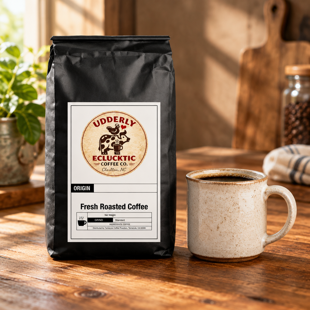 Black Udderly Eclucktic coffee bag beside a brewed cup on a farmhouse kitchen table