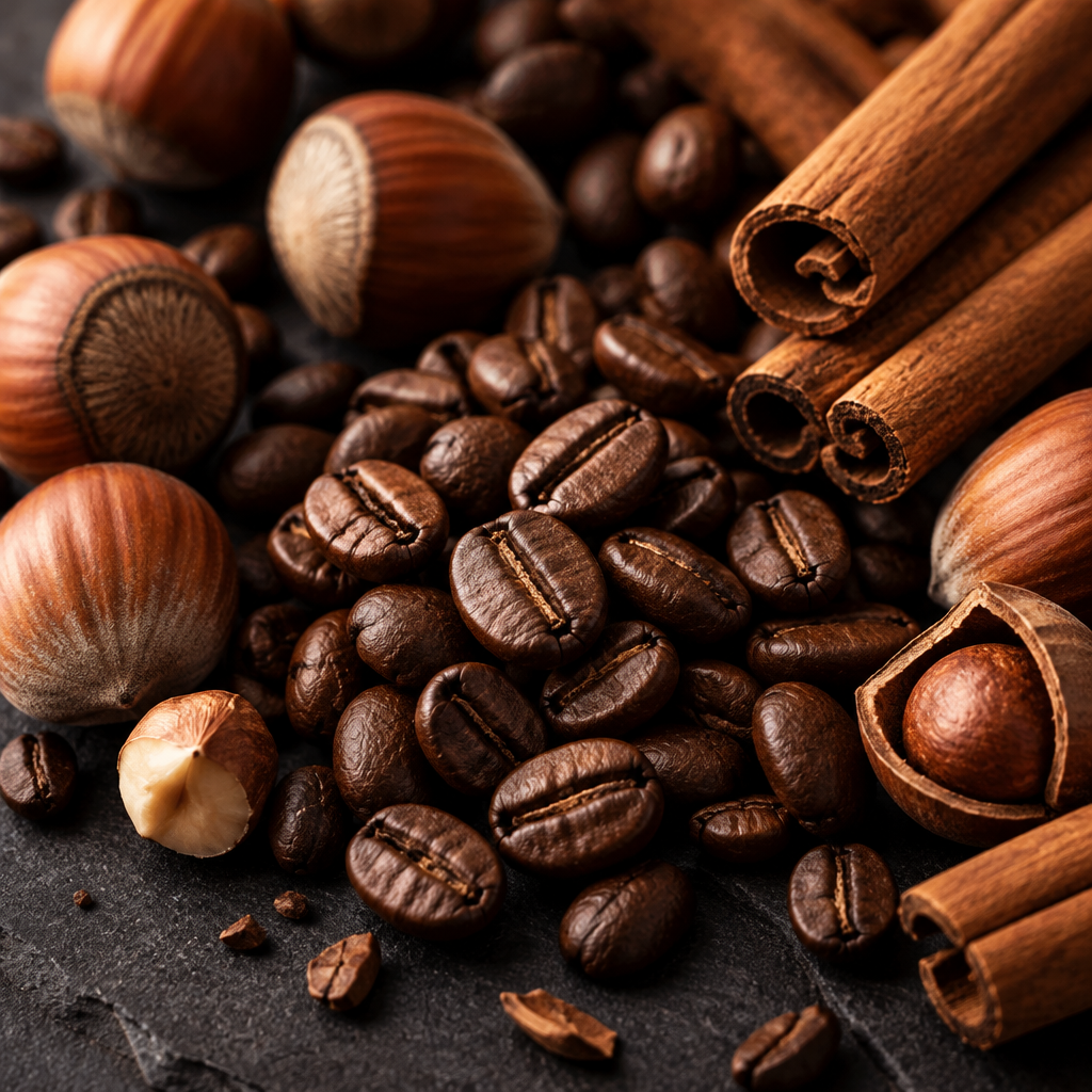Steaming coffee in a rustic mug with cinnamon sticks and hazelnuts