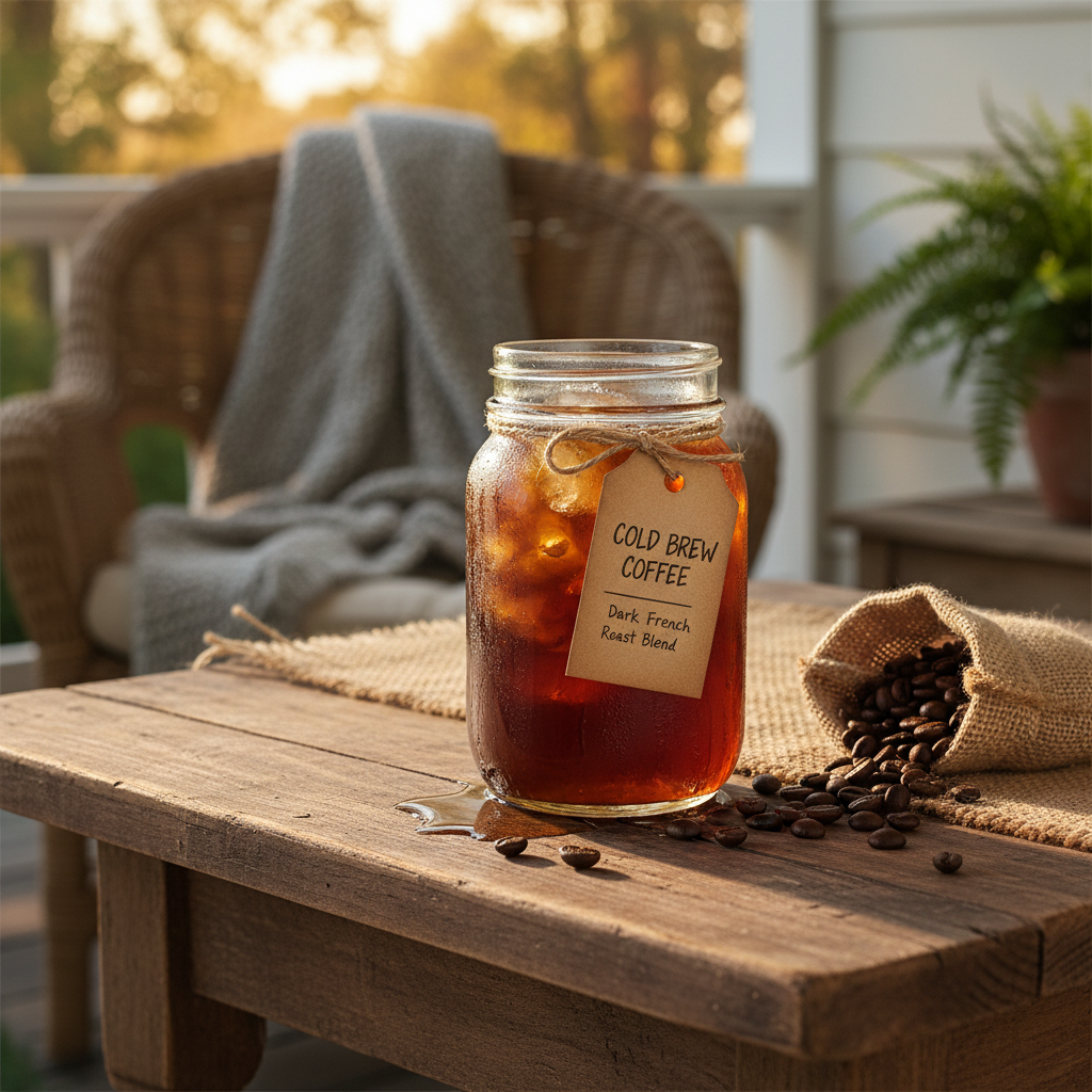 Cold Brew Coffee mason jar over ice on farmhouse porch summer vibes