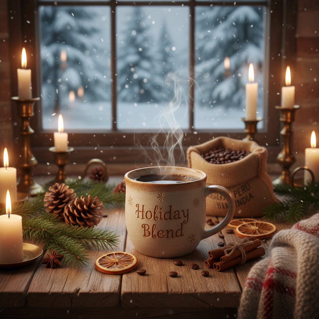Holiday Blend cozy farmhouse table with pine cones cinnamon and candlelight
