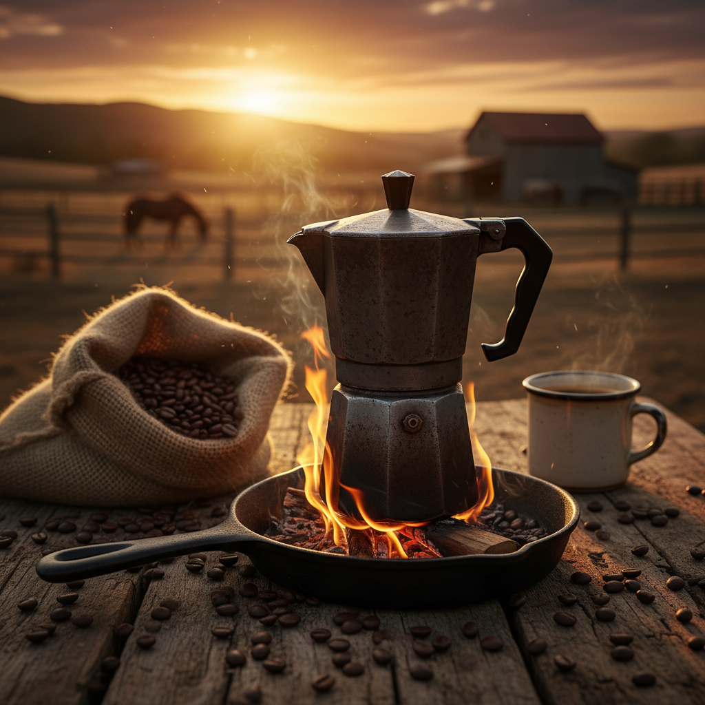 6 Bean Boot Kickin' Espresso Blend moka pot on cast iron over open flame